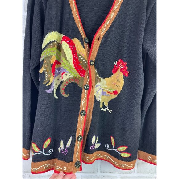 JTWO New York 90s Vintage Vibrant Black Cardigan Rooster Embroidery And Beaded W - Picture 7 of 9